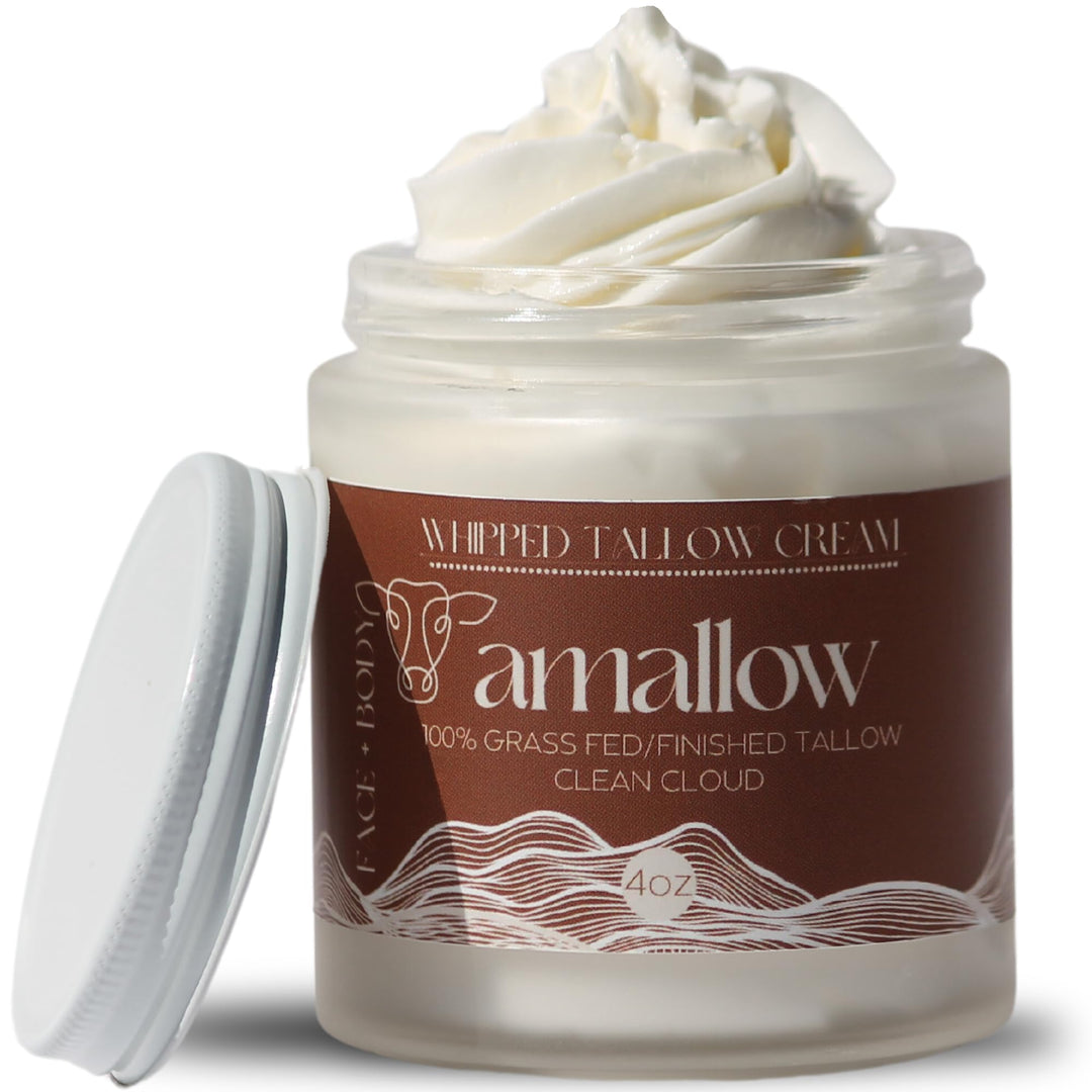 Amallow 100% Grass Fed Beef Tallow For Skin Care - Face + Body - Whipped Moisturizer - 100% Natural Lotion, 4 Fl. Oz. (Clean Clo