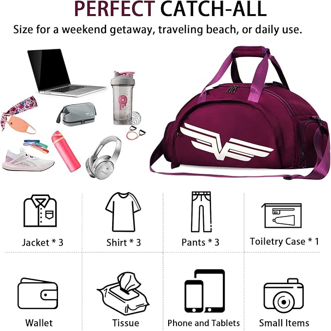 FIORETTO 30L Sports Gym Duffle Bag with Wet Pocket & Shoe Compartment, Weekender Hospital Overnight Bag for Women, Sports Holdall Backpack