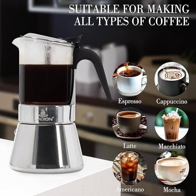 Stovetop Espresso Maker, 3Cup 360ml Moka Pot, Crystal Glass-top & Stainless Steel Coffee Maker Mocha Pot, Greca De Cafe, Cuban and Italian Coffee Maker for Cafetera Cubana