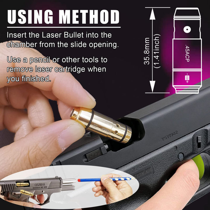 Angeebin Laser Training Cartridge for 45ACP,40S&W,380ACP,9MM Suitable for Dry Fire Training and Boresighting Sight, Red Laser Bullet with Spare Accessories (45acp)