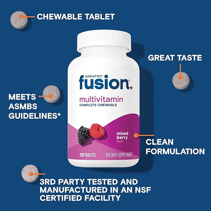 Bariatric Fusion Bariatric Multivitamin with Iron Complete Chewable | Mixed Berry | Post Bariatric Vitamins for Gastric Bypass and Sleeve Gastrectomy | One Month Supply