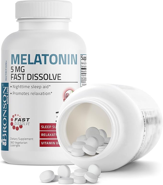 Bronson Melatonin 5mg Fast Dissolve Cherry Flavor Tablets with Vitamin B6 - Nighttime Sleep Aid - Promotes Relaxation, 360 Vegetarian Chewable Lozenges