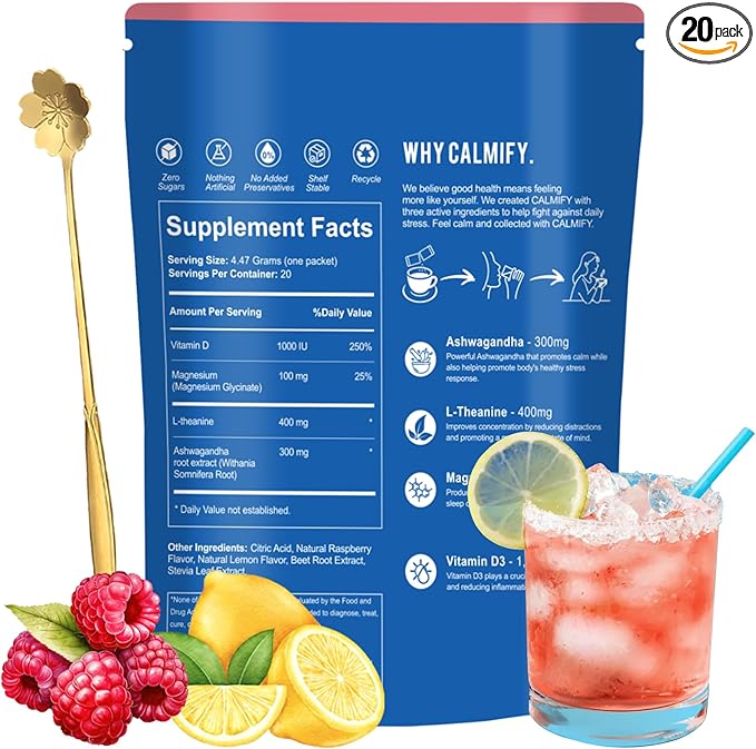 Liquid Anti Stress, Calmify Cortisol Magnesium Powder Sugar Free 20 Ct/Pack