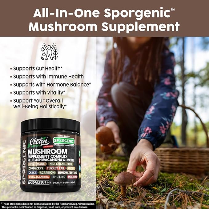 Organic Mushroom Supplement | Ashwagandha Lions Mane Cordyceps Turkey Tail Reishi Mushrooms Maca Root Black Hoof Chaga Tremella Agarikon Shiitake Oyster Powder Capsules Sporgenic by Clean Nutra (1)
