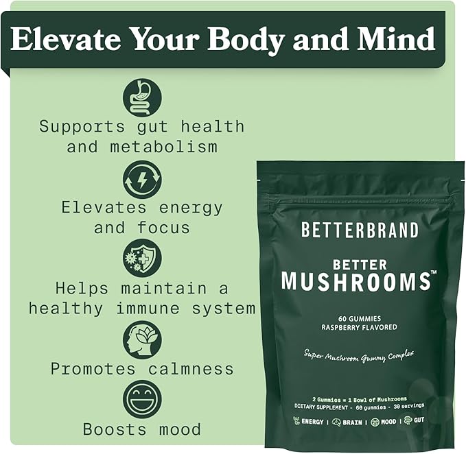 Betterbrand BetterMushrooms Mushroom Gummies to Support Gut Health, Metabolism, Energy, Focus - Lion's Mane, Cordyceps, Chaga & Maitake Mushroom Supplement - Maintains Healthy Immune System