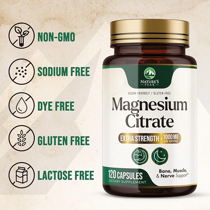 Magnesium Citrate Extra Strength 1000 mg - High Absorption Magnesium Supplement for Muscle, Bone, Nerve & Heart Health Support, Magnesio Vitamin Pills, Non-GMO, Nature's Premium Formula - 120 Capsules