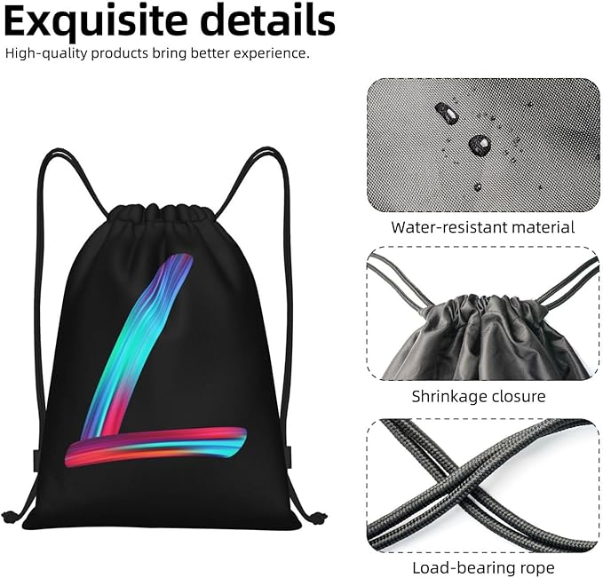 Drawstring Bags Initial Drawstring Backpack Sackpack Black Draw String Cinch Bags for Sports, Gym, Travel, Swimming, Beach, Camping, Rainbow Letter L