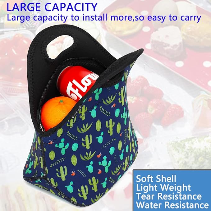 FlowFly Neoprene Lunch Tote Insulated Thermal Reusable Lunch Bag Box for Boys Men with Zipper (Cactus)
