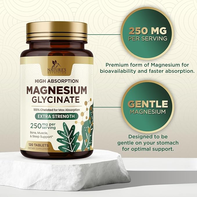 Magnesium Glycinate 250 mg, 100% Chelated Magnesium Supplement - High Absorption Magnesium for Muscle, Heart, Bone and Nerve Health Support, Nature's Gluten Free, Vegan, Non-GMO Capsules - 120 Count