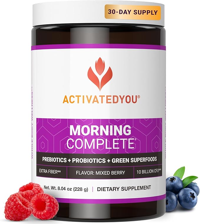 ACTIVATEDYOU Morning Complete Daily Wellness Greens Superfood Drink Mix for Gut Health w/Prebiotics, Probiotics, Antioxidants, Green Superfoods, 10 Billion CFUs, 30 Servings (Mixed Berry)