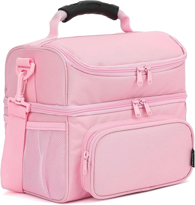 FlowFly Double Layer Cooler Insulated Lunch Bag Adult Lunch Box Large Tote Bag for Men, Women, With Adjustable Strap,Front Pocket and Dual Large Mesh Side Pockets