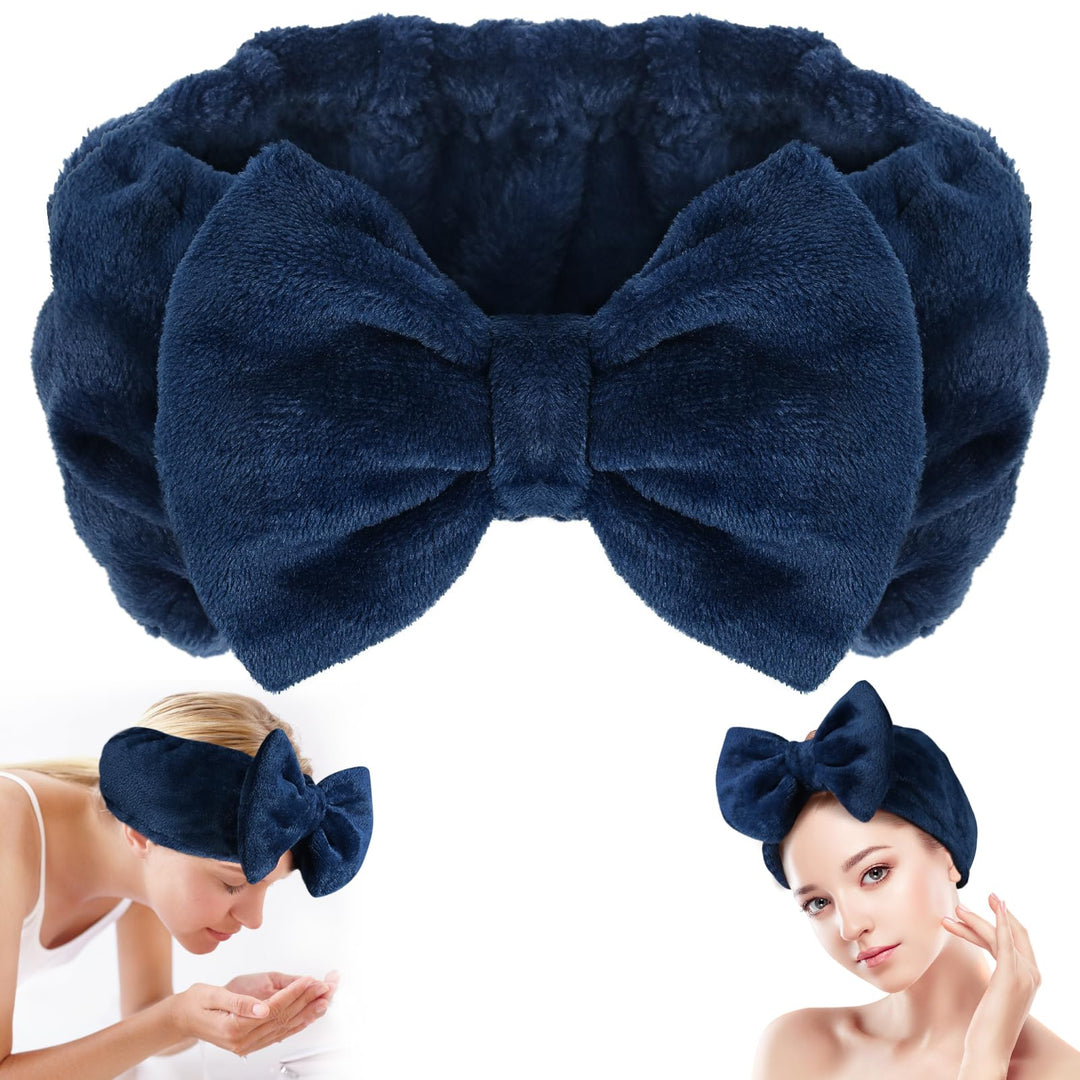 Shintop Face Wash Headband, Soft Spa Headband Carol Fleece Makeup Headwear with Cute Bow Elastic Hairband for Skincare Facial Mask Showers（Navy blue）