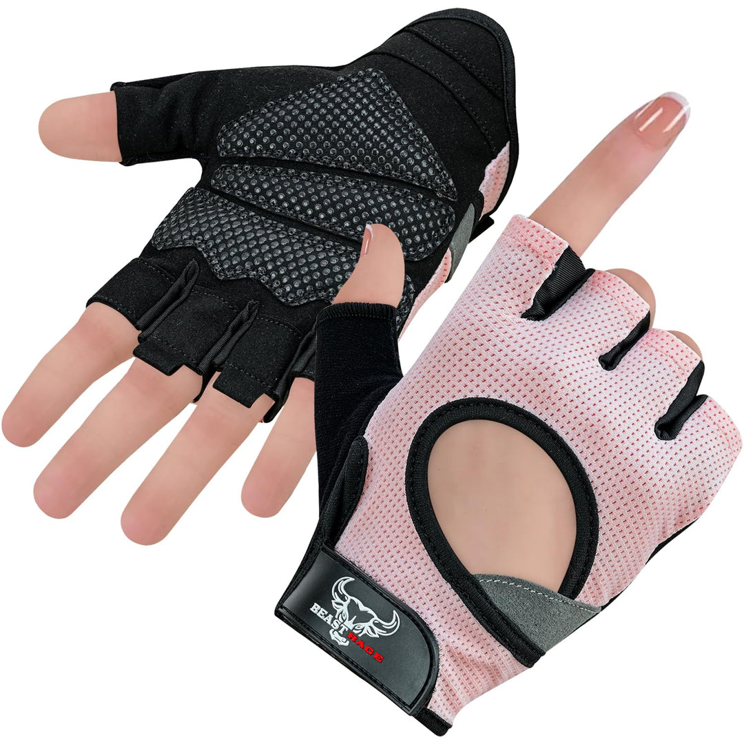 BEAST RAGE Workout Gloves for Men and Women, Fingerless Weight Lifting Gloves with Palm Protection Padding, Breathable and Lightweight Gym Gloves for Weightlifting, Cycling Pull Up (Pink, XS)