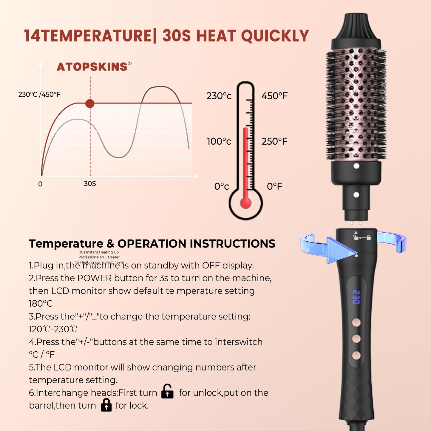 4 in 1 Thermal Brush Curling Iron Set, 25mm & 32mm Curling Wand Set and 32mm & 38mm Thermal Brush Hair Tool, 14 Temp Heating Setting Thermal Round Brush, Interchangeable Hair Curler 110-240V