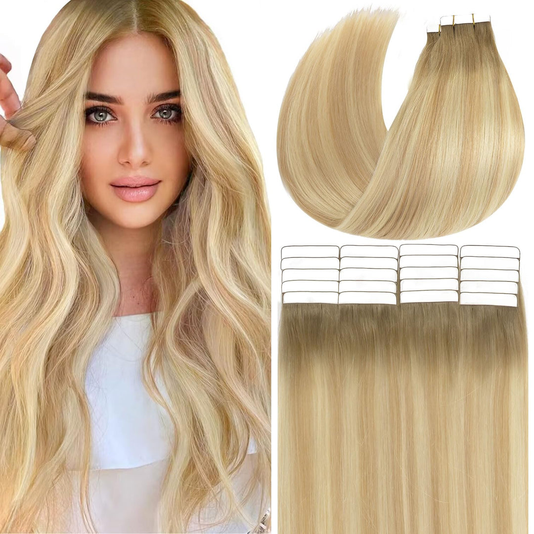 Anrosa Tape in Human Hair 14 Inch Balayage Seamless Tape On Hair Skin Weft Hair Extensions Color 8 Ash Brown Fading to 12 Dark Dirty Blonde Highlight 60 Platinum Straight Hair 50 Gram Brazilian Hair
