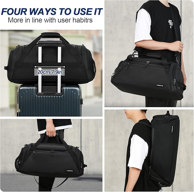 FIORETTO 43L Mens Sports Gym Bag with Wet Pocket & Shoe Compartment, Travel Duffle Bag Overnight Bag with Padded Shoulder Strap, Holdall for Swimming, Basketball, Football Black