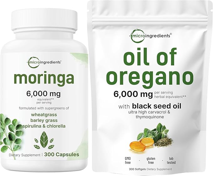 Micro Ingredients Oil of Oregano Softgels 300 Count & Moringa Oleifera 6,000mg Equivalent 300 Capsules Bundle 2 Pack | Carvacrol & Thymoquinone | Antioxidant Supplement