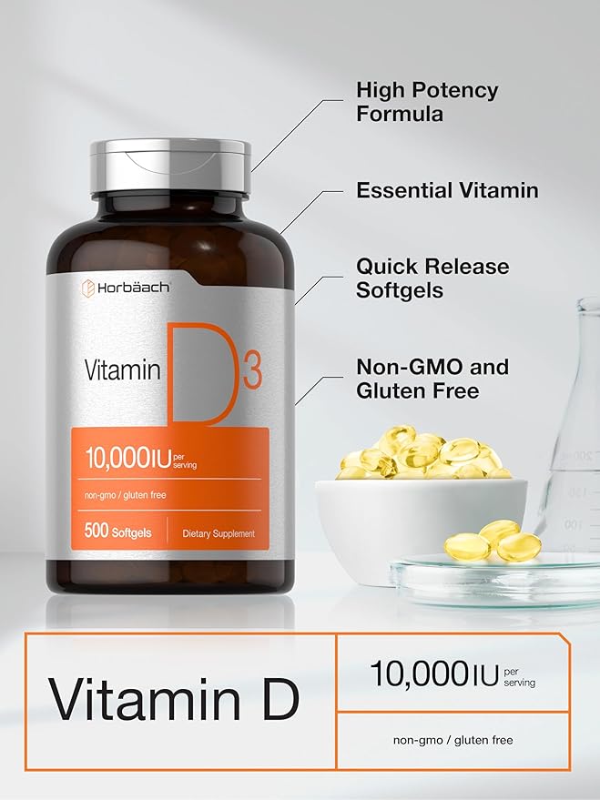 Horbäach Vitamin D3 10000 IU | 500 Softgels | Non-GMO, Gluten Free Supplement | Value Size | 250mcg | High Potency Formula