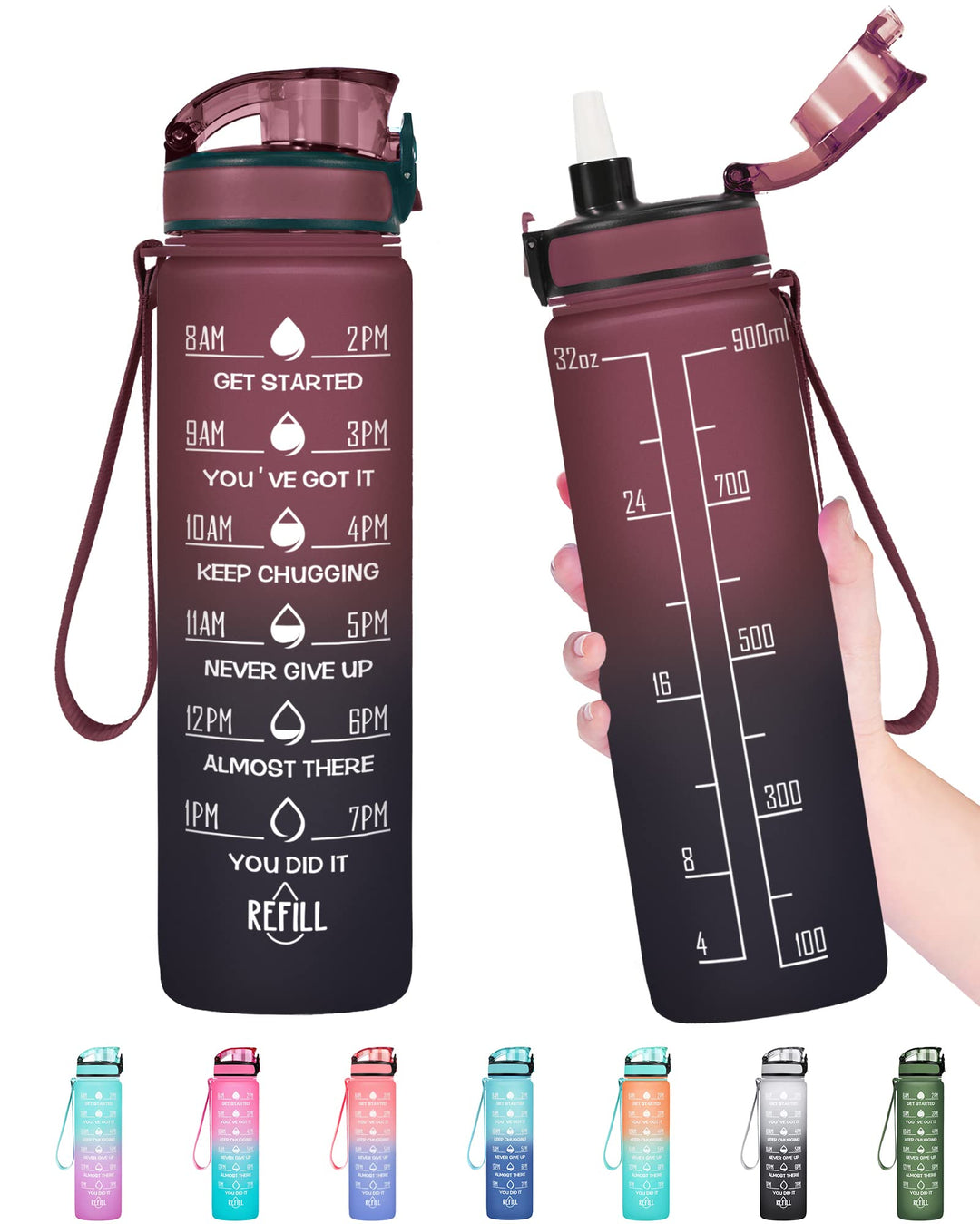 Enerbone 32 oz Water Bottle, Leakproof BPA & Toxic Free, Motivational Water Bottle with Times to Drink and Straw, Fitness Sports Water Bottle with Strap for Office, Gym, Outdoor Sports