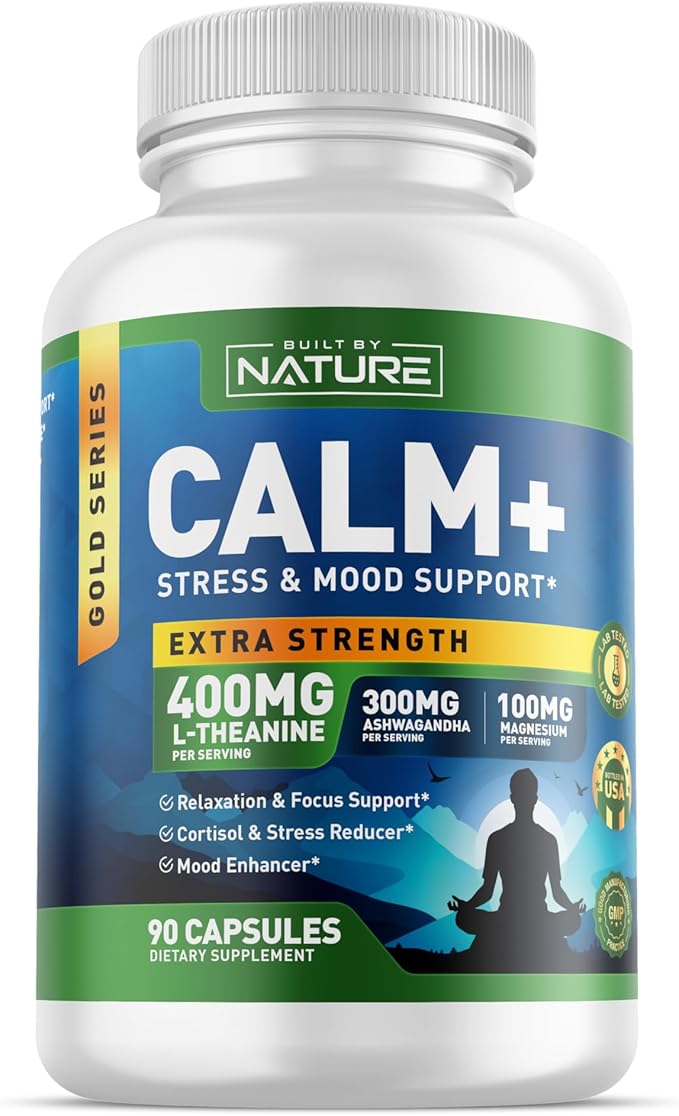 Built by Nature Calm+ Relaxation & Focus – Stress, Cortisol & Mood Support – Calm Supplement with L-Theanine, Ashwagandha, Magnesium Glycinate, Vitamin D3 – 90 Capsules