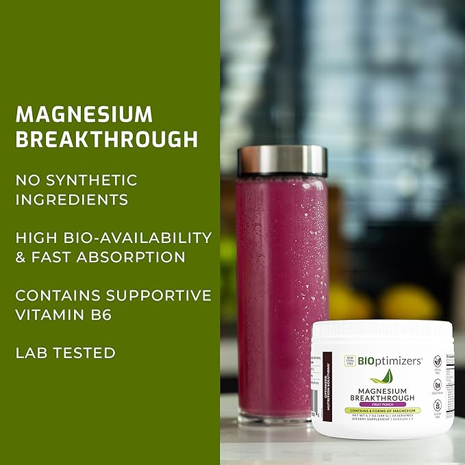 BIOptimizers Magnesium Breakthrough Drink Fruit Punch - 8 Forms of Magnesium: Glycinate, Malate, Citrate, and More - Natural Sleep and Brain Supplement – 5.4 oz (30 Servings)