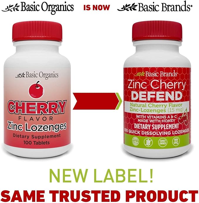Basic Organics Natural Flavor Zinc Lozenges, Cherry, 100 Tablets