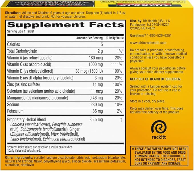 Airborne 1000mg Vitamin C + Zinc Sugar Free Multivitamin Immune Support Effervescent Fizzy Drink Tablets, Zesty Orange Flavor with Powerful Antioxidants Vitamins A C & E, 30 Tablets (2 Pack)