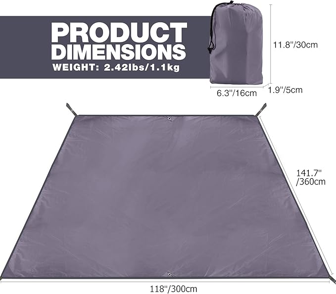REDCAMP Large Waterproof Camping Tarp Lightweight, Multifunctional Insulated Tent Footprint for Camping Hiking Backpacking, Grey 118"x141.7"