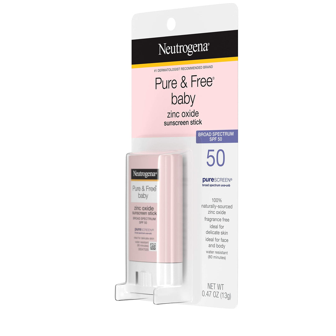 Neutrogena Pure & Free Baby Mineral Sunscreen Stick with Broad Spectrum SPF 50 & Zinc Oxide, Water-Resistant, Hypoallergenic, Paraben-, Dye- & PABA-Free Baby Face & Body Sunscreen, 0.47 oz