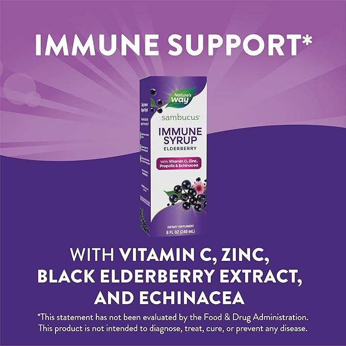 Nature's Way Sambucus Immune Syrup, Elderberry Extract, Vitamin C, Zinc, Echinacea, Propolis, Daily Immune Support*, Antioxidant Support*, Gluten free, Vegetarian, 8 Fl Oz