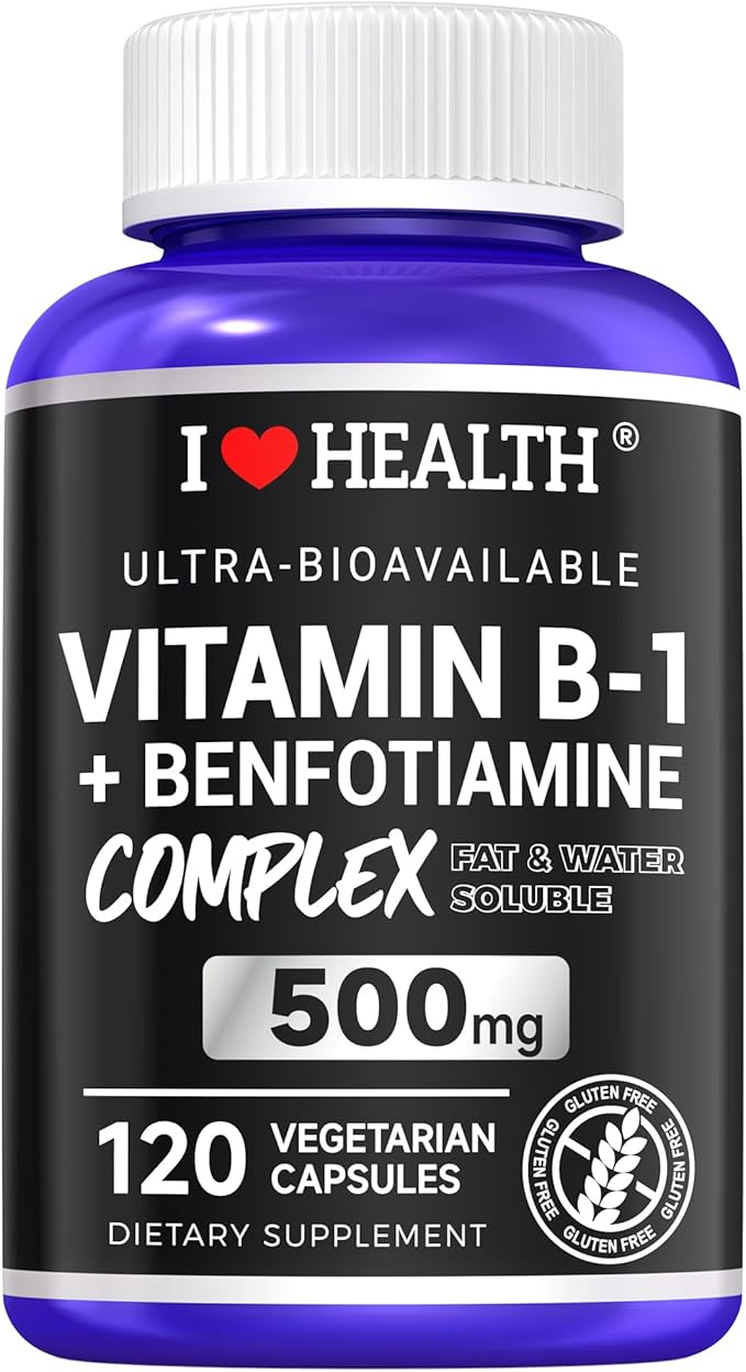 Vitamin B1 500mg with Benfotiamine 20mg, 120 Capsules – 2 in 1 B-1 Complex Enhanced Formula – Fat & Water Soluble Thiamine B1 Supplement – Third Party Lab Tested, Non-GMO, No Gluten