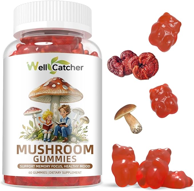 Mushroom Gummies Supplement with Ashwagandha - Lion Mane Mushroom Supplement for Adults Kids with Reishi Cordyceps Brain Supplements for Memory and Focus Organic Vegan Non GMO Mixed Fruit Flavor 60CT