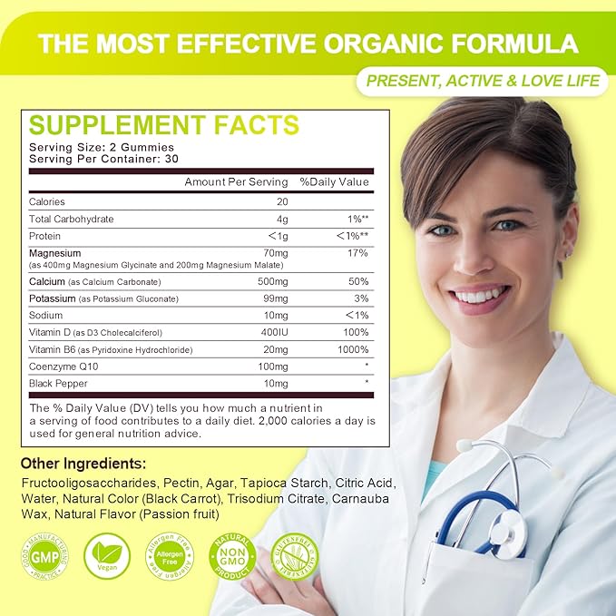 Magnesium Glycinate Gummies 400mg - Sugar Free Magnesium Potassium Supplement with Magnesium Malate, Vitamin D, B6, and CoQ10 for Calm Support & Sleep for Adults - Passion Fruit Gummies