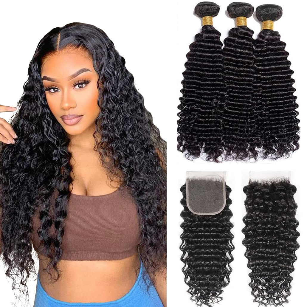Younsolo Deep Wave Bundles With Closure For Black Women(16 18 20+14) 100% Unprocessed Brazilian Deep Wave Human Hair 3 Bundles W