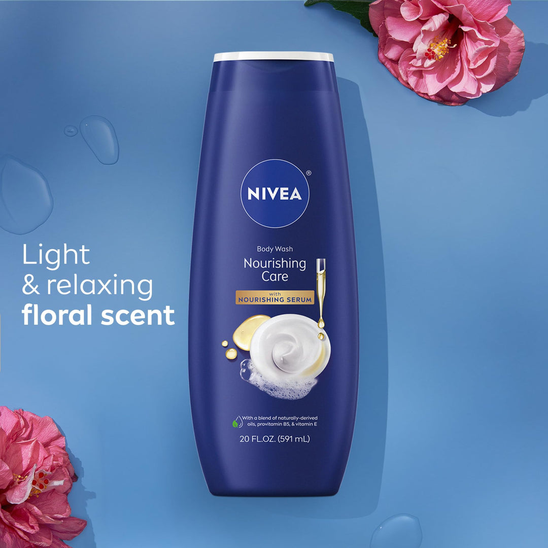NIVEA Nourishing Care Body Wash with Nourishing Serum, Moisturizing Body Wash for Women, Enriched with Provitamin B5 and Vitamin E, 20 Fl Oz Bottle