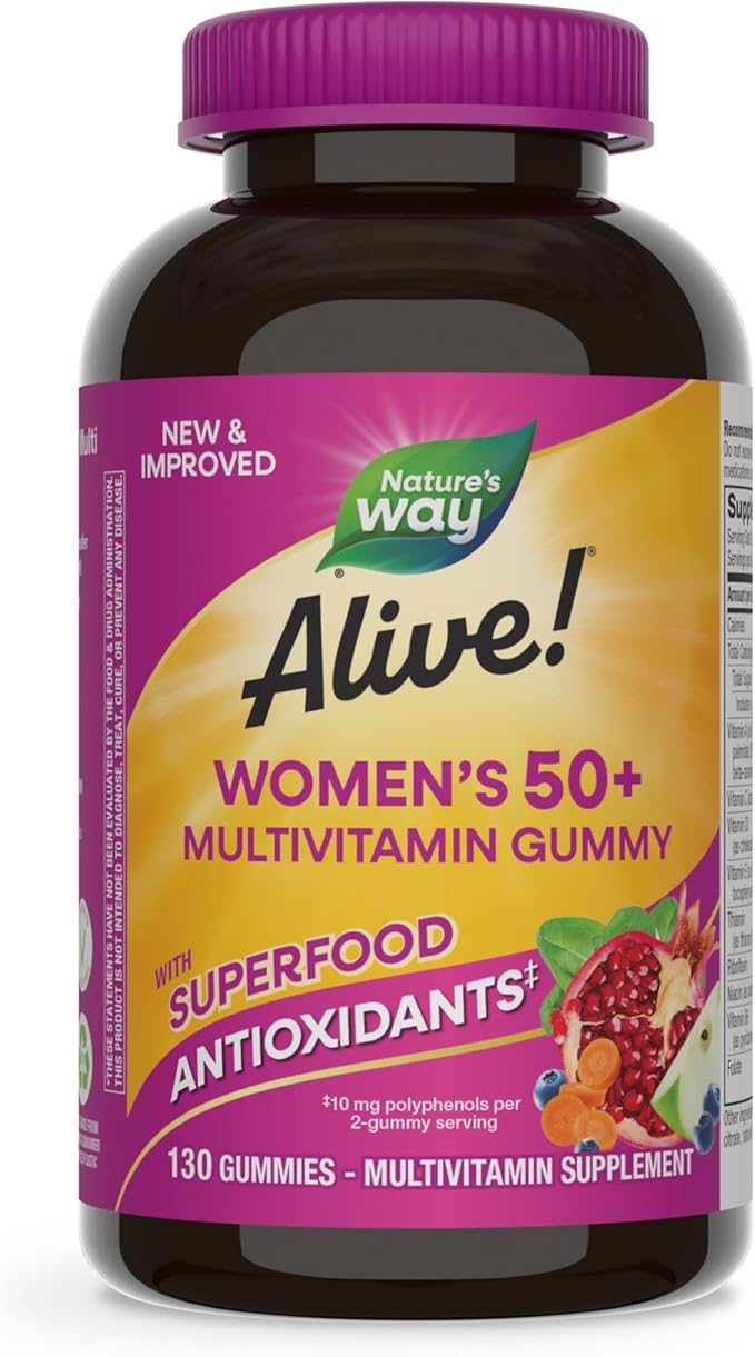 Nature's Way Alive! Women’s 50+ Daily Gummy Multivitamins, Supports Multiple Body Systems*, Supports Healthy Heart, Brain & Bones,* B-Vitamins, Mixed Berry Flavored, 130 Gummies (Packaging May Vary)