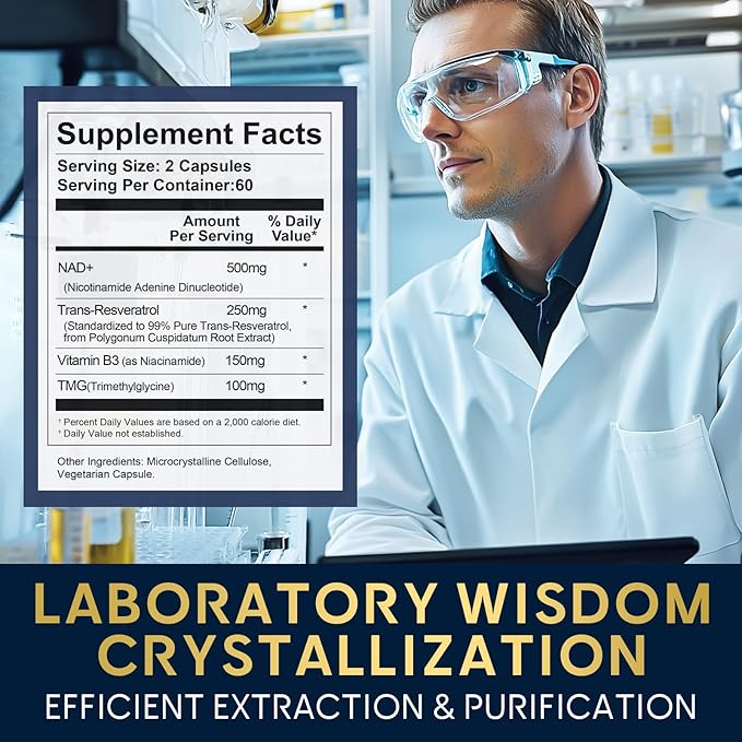 BLUEGALA NAD+ Supplement 1500mg, with 99% Pure Resveratrol 250mg and Vitamin B3 150mg, Boosts Cellular Energy, Supports Healthy Aging & DNA Repair, Non-GMO, Vegan, 120 Capsules