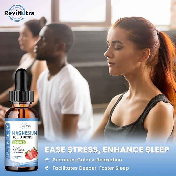 Triple Magnesium Complex Liquid Drops, 1300mg Magnesium Glycinate, Taurate & Citrate with Omega3, L-Theanine, Ashwagandha, Potassium, D3, B6, B12 for Calm, Sleep, Muscle, Strawberry Flavor, 2 Fl OZ