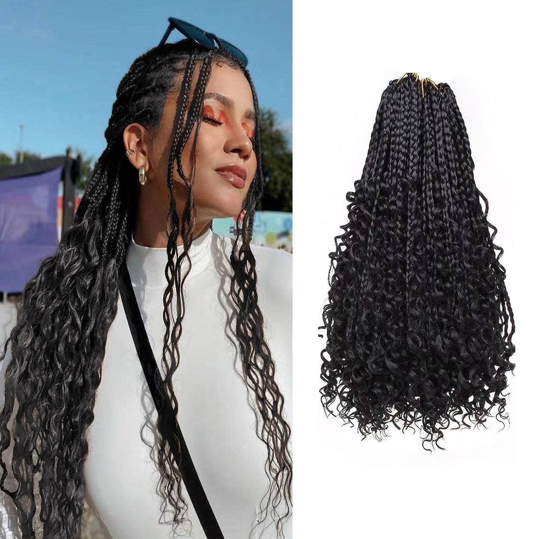 Goddess Box Braids Crochet Hair With Curly Ends 8 Packs-14 Inch Crochet Hair for Black Women Bohomian Crochet Box Braids (Black, 14inch)