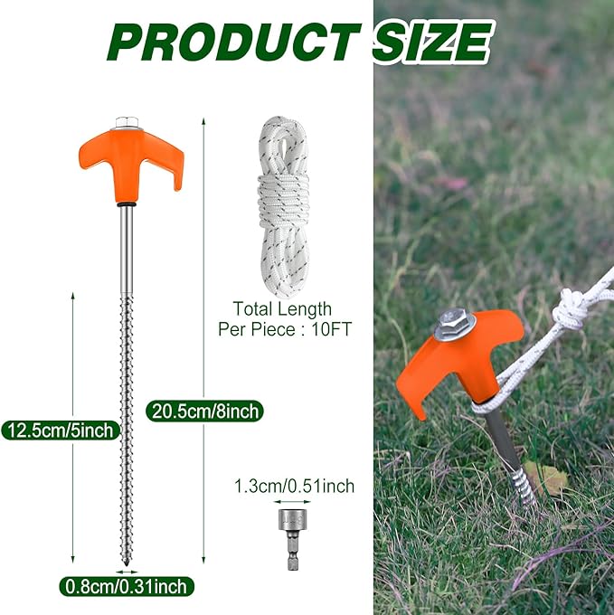 20 Pcs 8'' Screw in Tent Stakes Heavy Duty Camping Stakes Ground Anchors Metal Canopy Stakes Tent Spikes Stake Pegs with 4 x 10 ft Ropes for Sand Hiking Travel with Hex Head Driver(Orange)