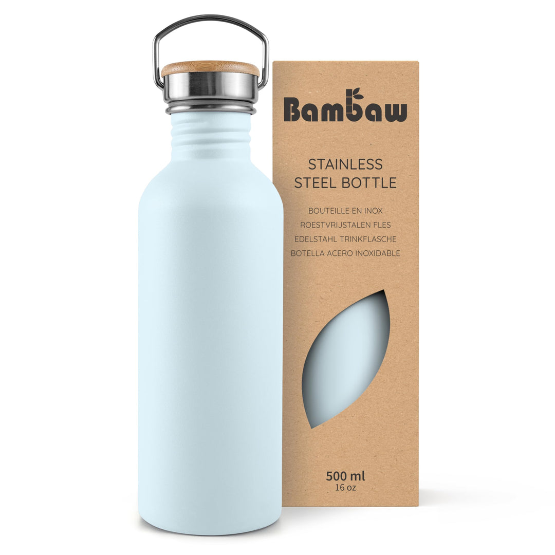 Bambaw Metal Water Bottle 16 oz, Light Blue Water Bottle for School, Non-insulated Single Walled Stainless Steel Water Bottle, Reusable Water Bottle, BPA Free Water Bottle – Ice blue
