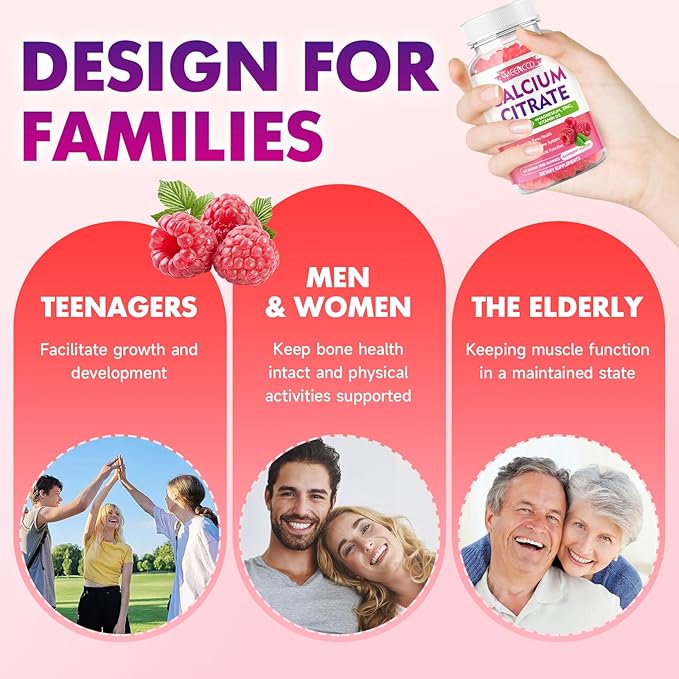 Calcium Citrate Gummies 1000mg w/Vitamin D3, High Absorption Calcium Supplement for Women & Men, Plus Magnesium, Potassium, Zinc for Muscle & Immune, Sugar-Free, Raspberry Flavor, 60 Count