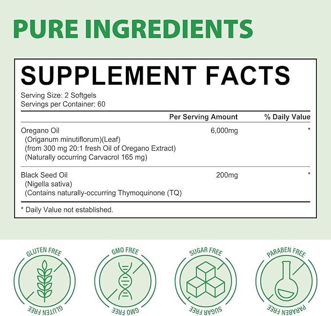 Oil of Oregano 6000mg, Organic Oregano Oil with Black Seed Oil (120 Softgel - 2 Month Supply), Antioxidant & Immune Support, Plant Based, Non-GMO