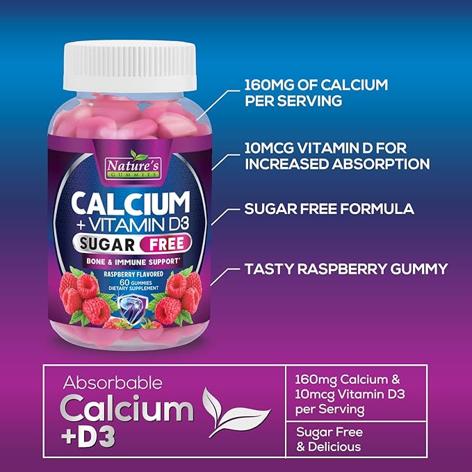 Sugar Free Calcium Gummy Bites Plus 400 IU Vitamin D3, Bone Health & Immune Support, Supports Bone Strength - Chewable Calcium Nutrition Supplement, Non-GMO, Berry Flavor Chews - 60 Gummies