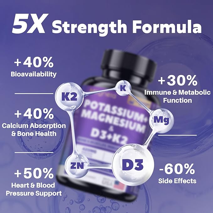 Magnesium Potassium Vitamin D3 K2 10000IU Supplement - Supports Bone, Heart, Immune Health, Mood Balance & Energy for Women & Men - Enhanced Absorption, Non-GMO - 60 Capsules