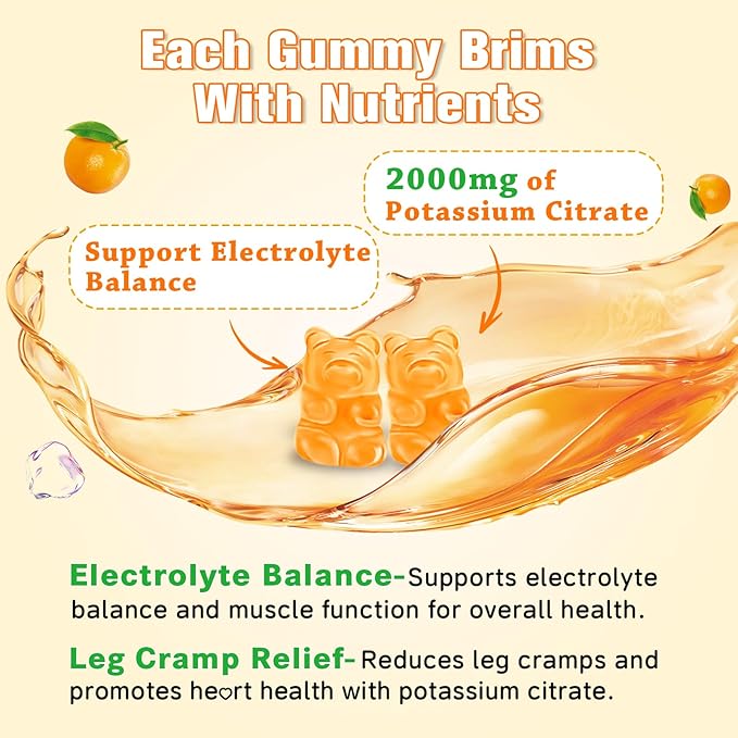 Potassium Citrate Gummies – High Potency Potassium Supplement for Muscle Health, Leg Cramp Relief, Electrolyte Balance – Vegan, Non-GMO, Gluten-Free, Orange Flavor, 60 Count