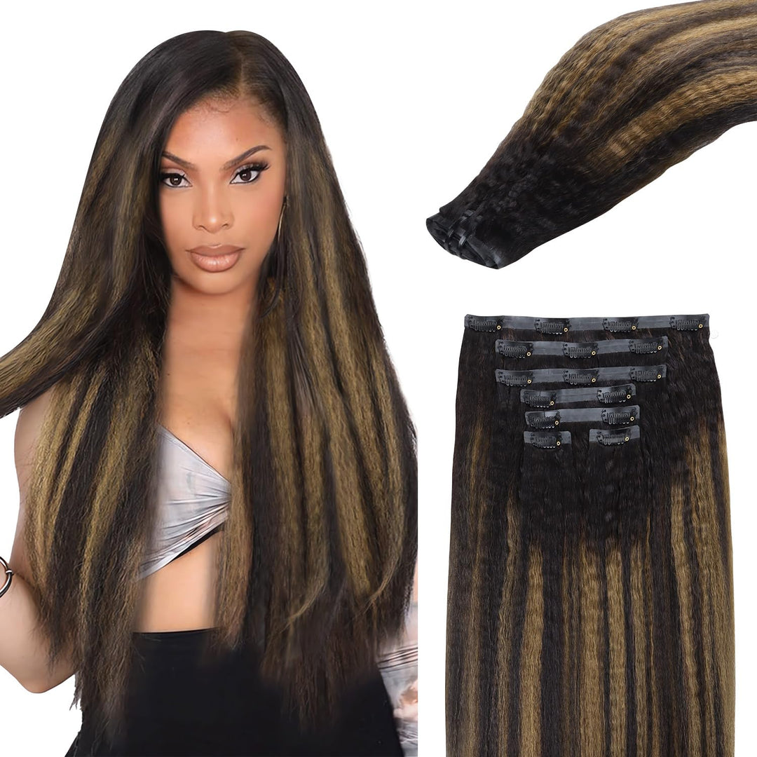 Lashey Hair Extensions Real Human Hair 110G 7Pcs 18 Inch Kinky Straight Seamless Clip In Hair Extensions Human Hair Natural Blac
