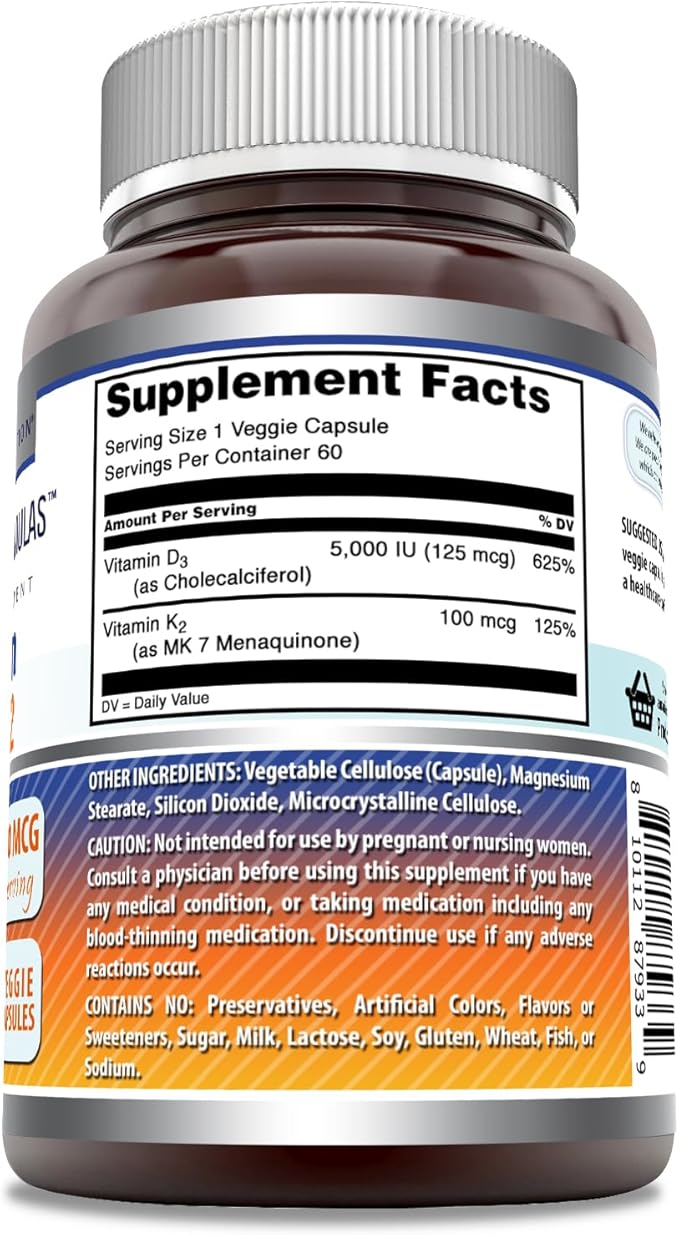 Amazing Formulas Vitamin D3 5000 IU with Vitamin K2 100 mcg | D3 + K2 Complex Supplement | Veggie Capsules | Non-GMO | Gluten Free | Made in USA (60 Count)