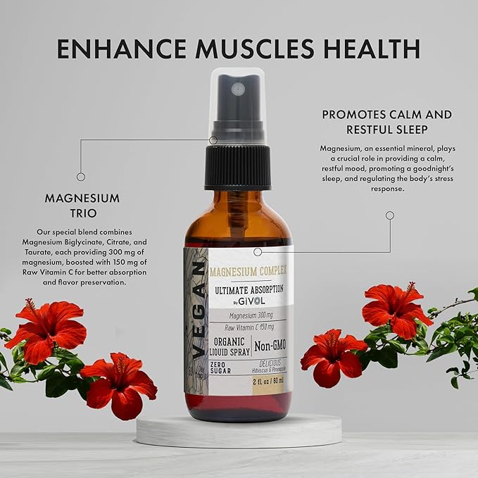 Tri Magnesium Complex - Magnesium Biglycinate, Citrate & Taurate Liquid Spray 300mg w/Raw Vitamin C and Organic ZINC Boost Mist 40mg (Extra Strength) - Sugar Free with VIT C and Elderberry Extract