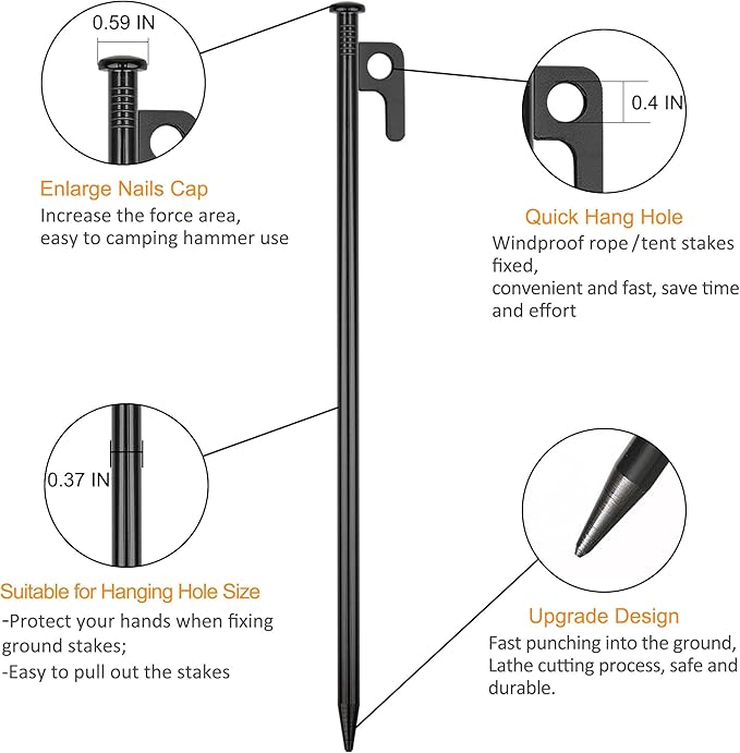 16 Pack Tent Stakes Heavy Duty Metal Tent Pegs for Camping Steel Tent Stakes 16 inch Unbreakable and Inflexible